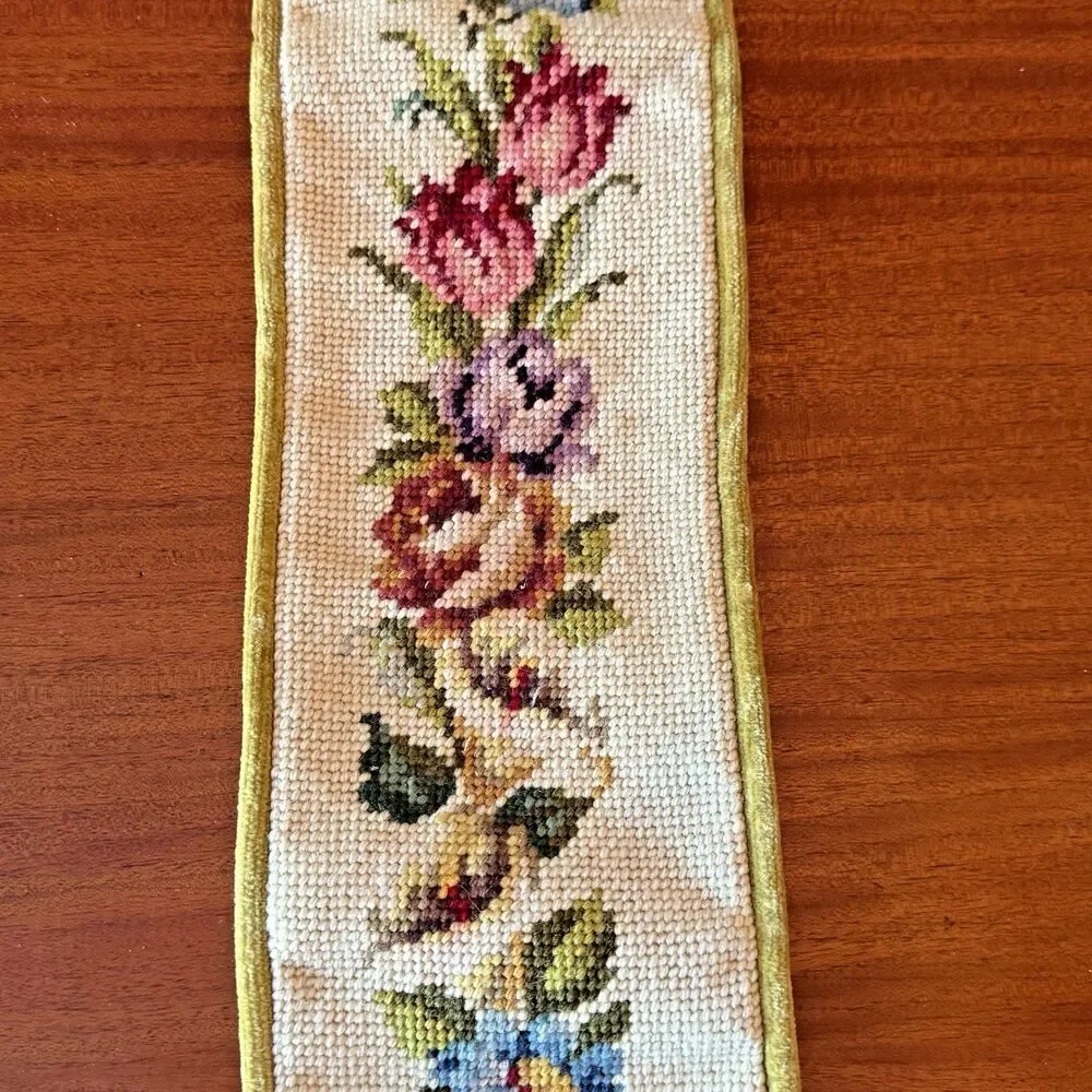 VTG Brass Bell Pull Roses Petit Point Embroidery 33.5